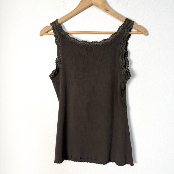 Retro 90s Y2K Rib Knit Lace Trim Tank Brown Womens Large Casual Grunge Layer - Picture 4 of 7
